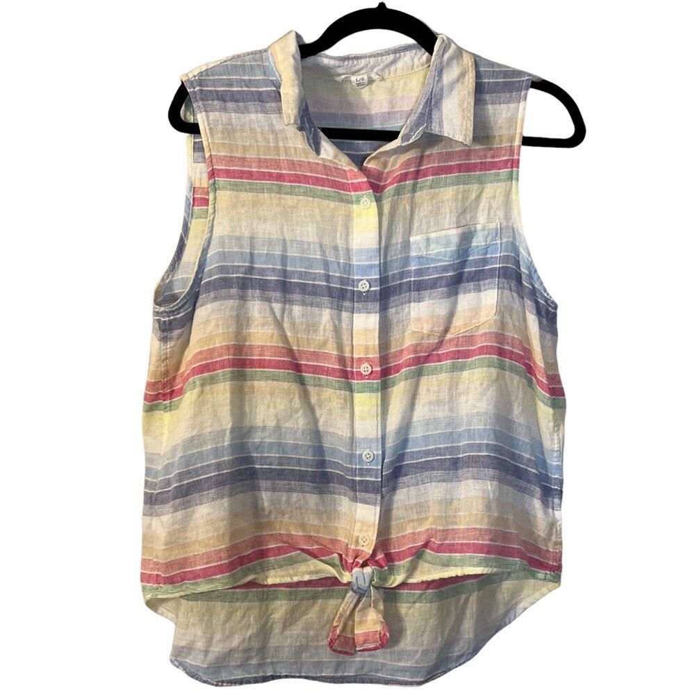 Beach Lunch Lounge Collection Linen Striped Tie Waist Blouse Size Large